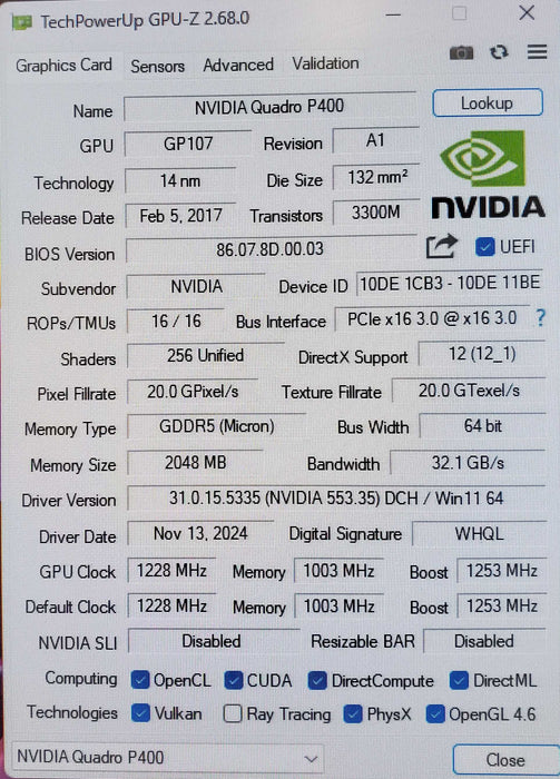 NVIDIA Quadro P400 2GB GDDR5 Graphics Card - Low Profile