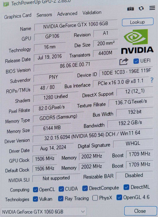 Nvidia/PNY GeForce GTX1060 6GB GDDR5 PCIE GMX1060N3H6ES2KTP6BJB _