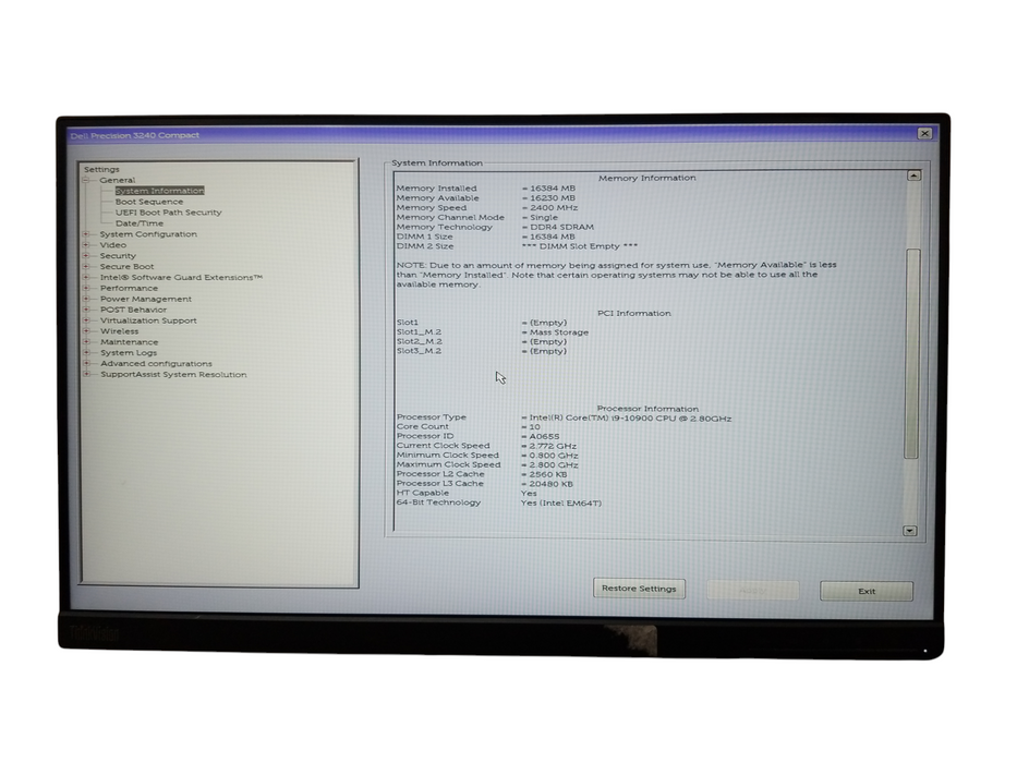 Dell Precision 3240 Compact Intel i9-10900 CPU 2.80GHz 16GB RAM 256GB NVMe