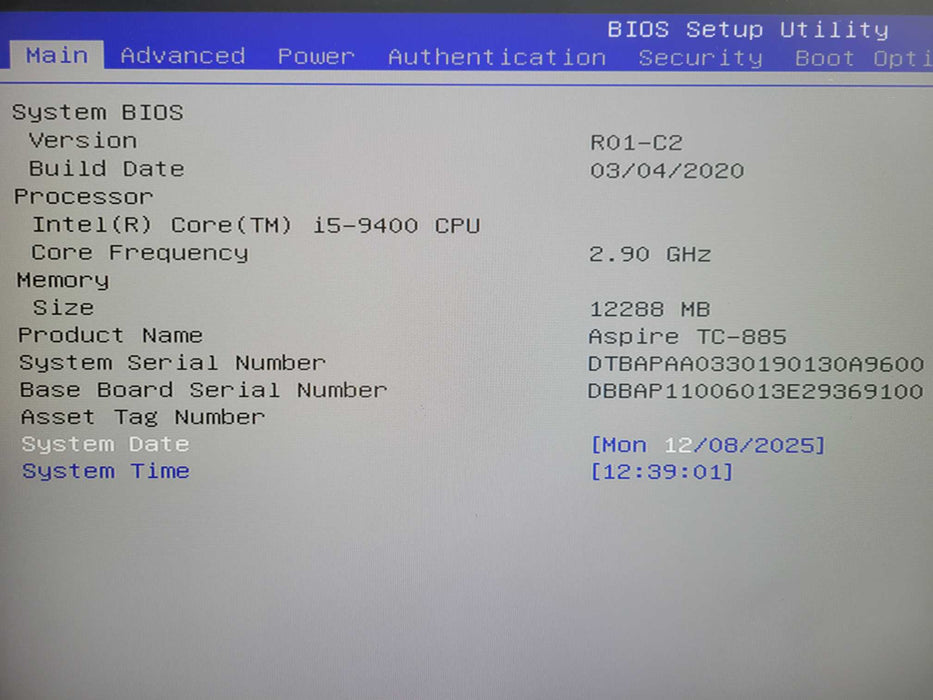 ACER TC-885-ES18 Core i5-9400 @ 2.90GHz 12GB RAM 128GB SSD !