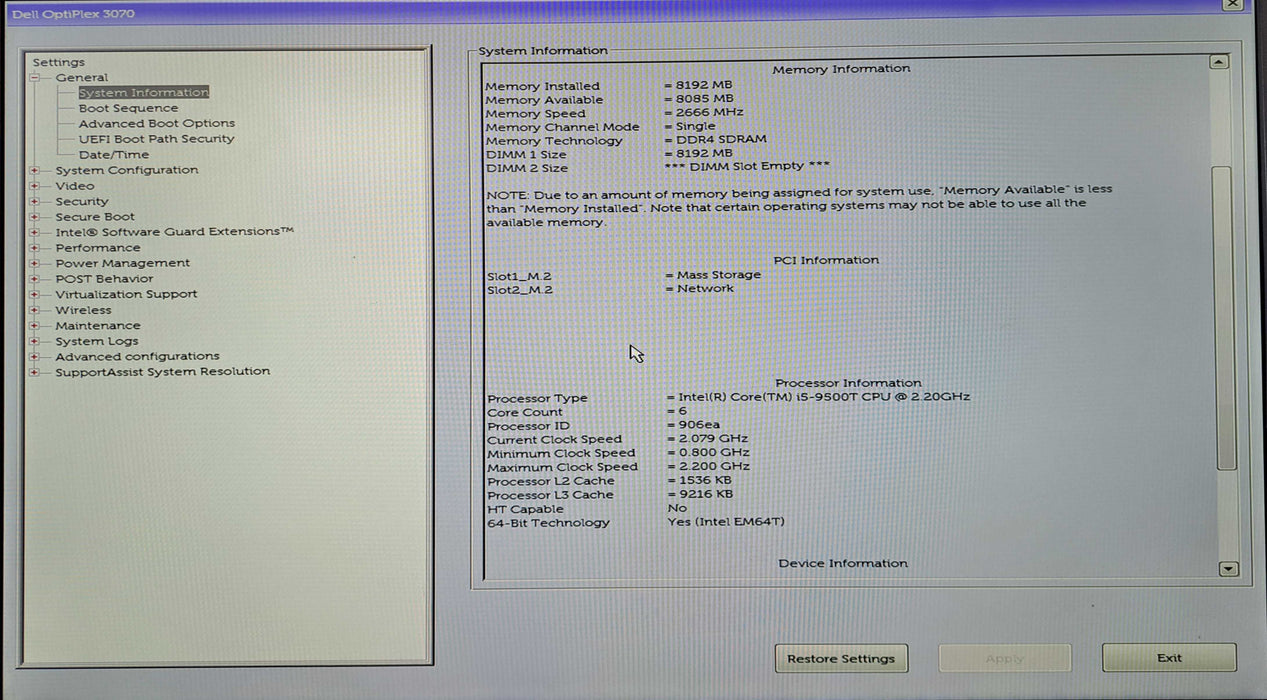 Dell OptiPlex 3070 Micro | i5-9500T @2.20GHz, 8GB DDR4, 256GB NVMe, Wi-Fi Q