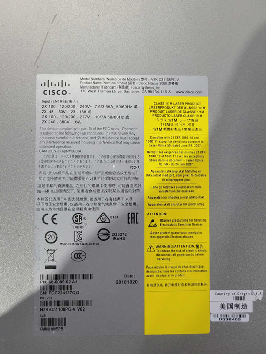 Cisco Nexus 31108PC-V 48x10/25G SFP+ + 6x40/100G QSFP Switch
