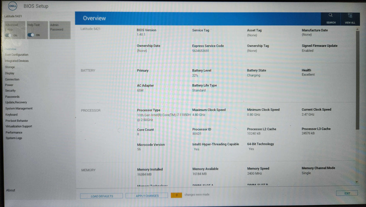 Dell Latitude 5421, i7-11850H 2.50GHz, 16GB DDR4, 256GB NVMe, MX450, No PWR  Lap200