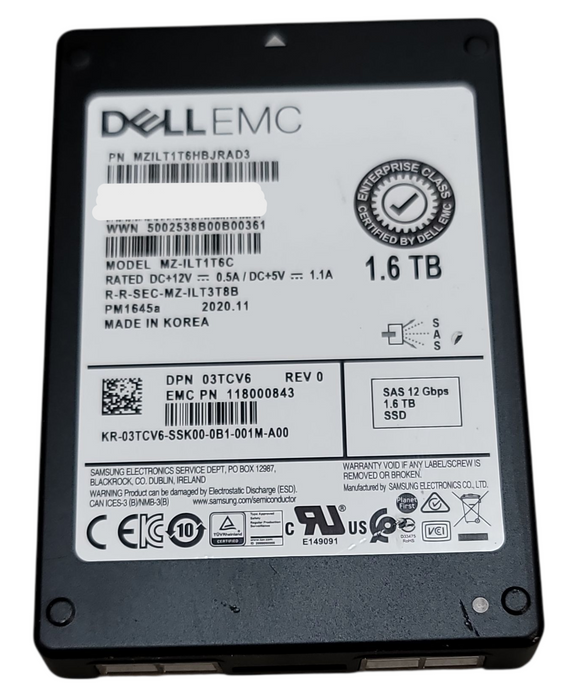 1.6TB SAS 2.5" 15mm 12Gb/s Dell EMC SSD - 03TCV6 / MZILT1T6HBJRAD3 Q+
