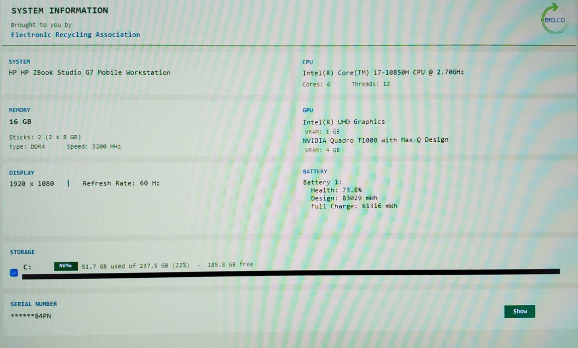 HP ZBOOK STUDIO G7 I7-10850H 16GB RAM 256GB NVME QUADRO T1000 READ  Lap200