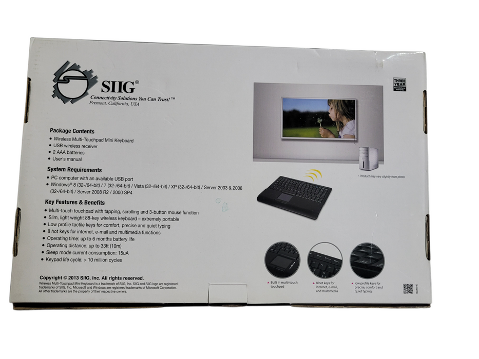 SIIG Mini Wireless Keyboard with Touchpad 2.4GHz USB for PC Q