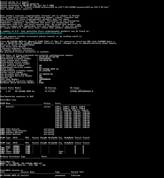 Cisco WS-C2960L-48PS-LL V01 48-Port Gigabit PoE Network Switch