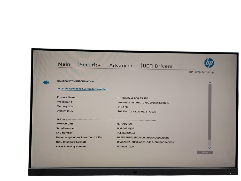 HP EliteDesk 800 G5 SFF i7 - 9700 @ 3.00GHz 8GB DDR4 Ram NO HDD Qθ