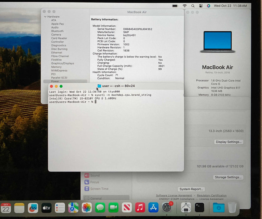 Apple MacBook Air 13" 2018 i5-8210Y 8GB RAM 128GB SSD No Power Adapter