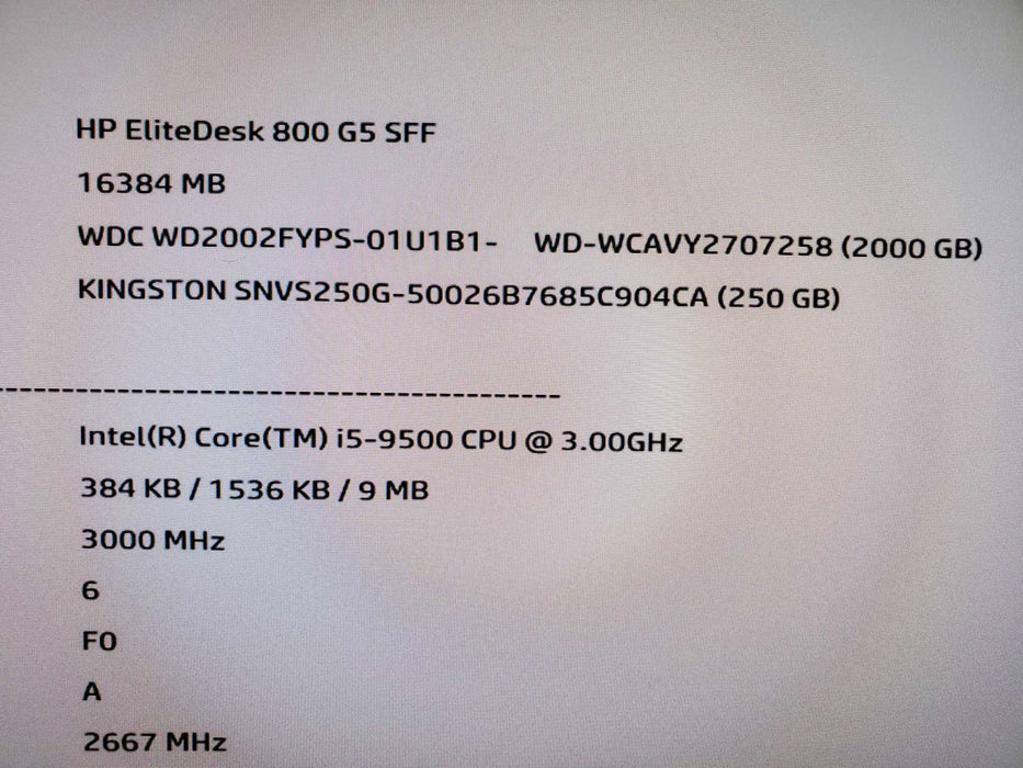 HP EliteDesk 800 G5 SFF i5-9500 16GB 256GB NVME 2TB HDD WIFI NO OS