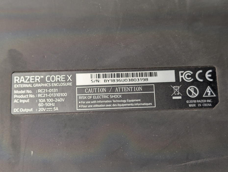 RAZER Core X External Graphics Enclosure USB-C Thunderbolt GPU RC21-0131 -