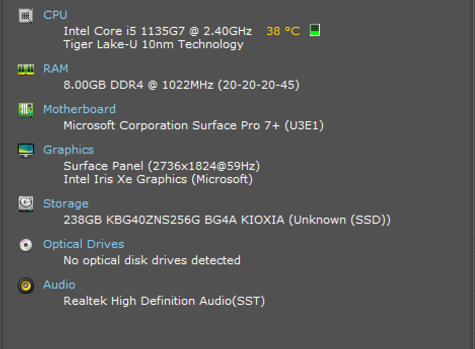 Microsoft Surface Pro 7+ 1960, i5-1135G7 2.40GHz, 8GB DDR4, 256GB NVMe, PWR  Lap200