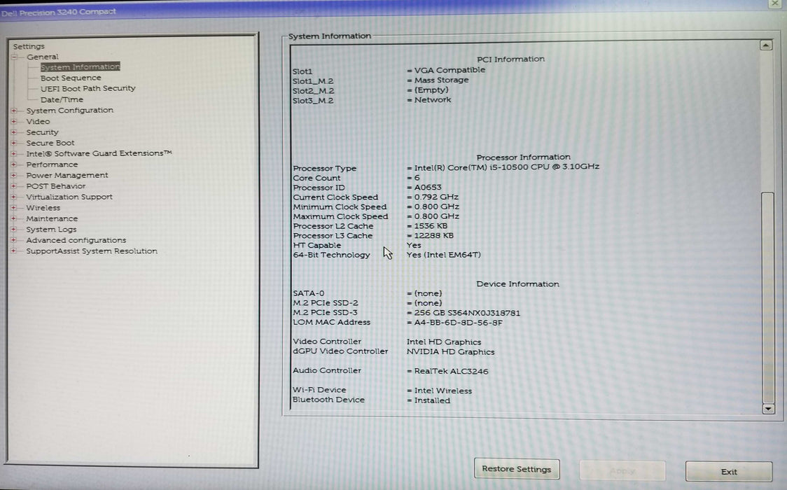 Dell Precision 3240 Compact Intel i5-10500 CPU 3.10GHz 16GB RAM 256GB P620