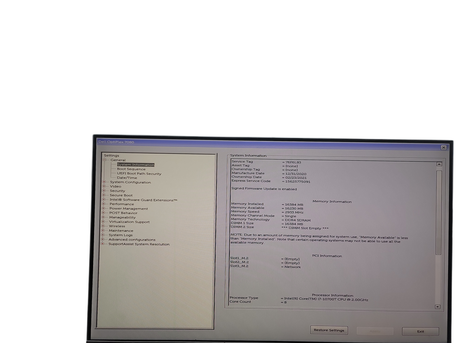 Dell OptiPlex 7080 Micro i7 - 10700T @ 2.00GHz 16GB DDR4 Ram θ