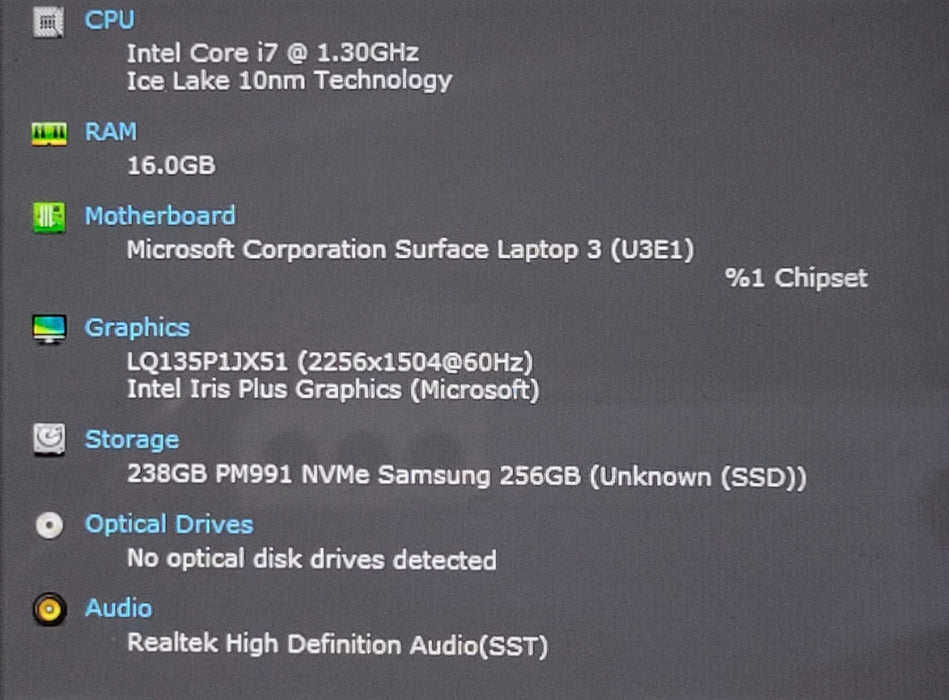 Microsoft Surface Laptop 3 1868 - i7-1065G7, 16GB DDR4, 256GB NVMe Q_ Lap200