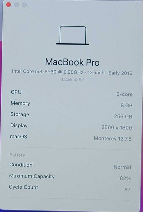 Apple Macbook 2016 2-Core m3-6Y30 @ 1GHz 8GB RAM 256GB SSD (