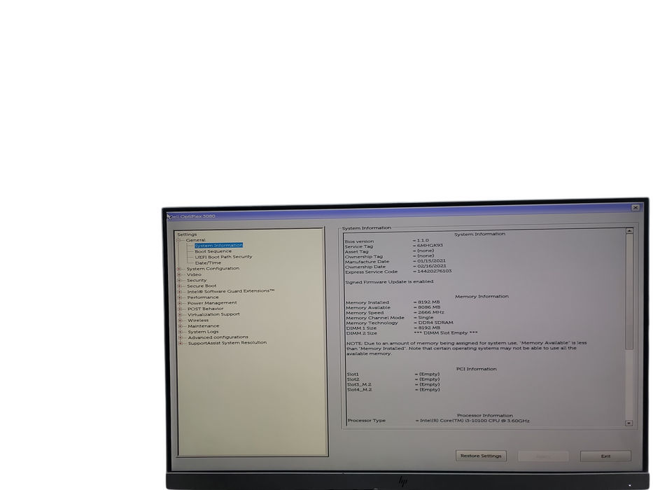 Dell OptiPlex 3080 SFF i3 - 10100 @ 3.60GHz 8GB DDR4 Ram  θ