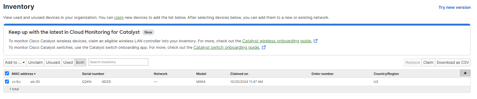 Cisco Meraki MX64-HW Cloud Managed Firewall Router, Unclaimed