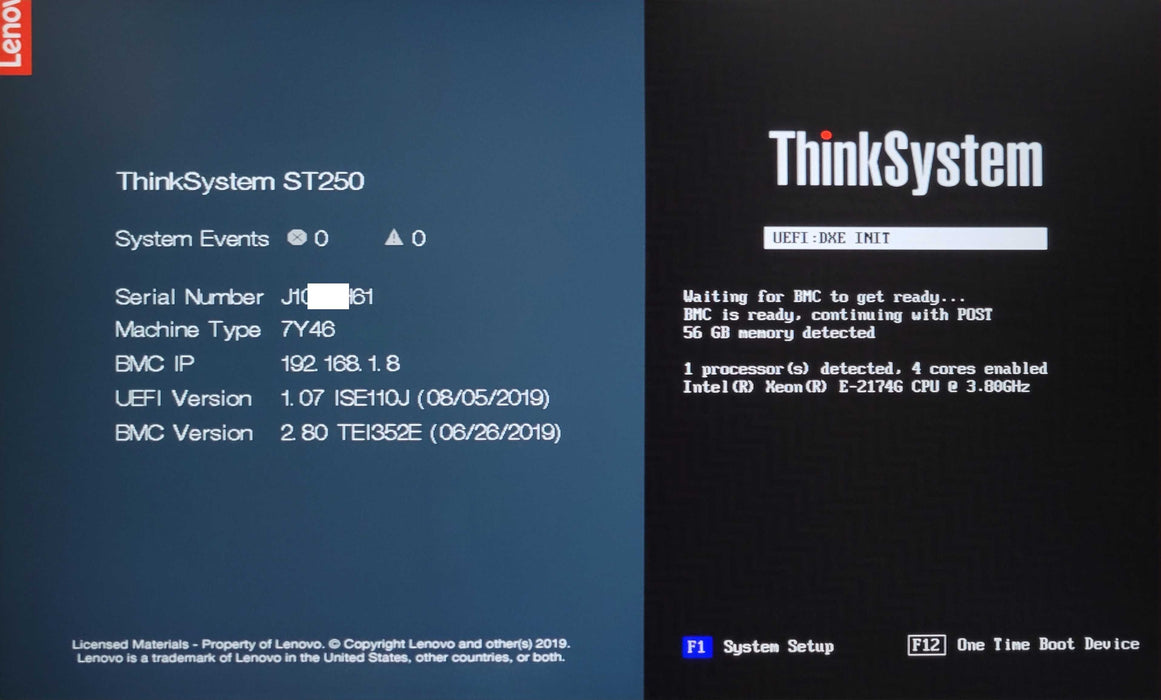 Lenovo ThinkSystem ST250 Xeon E-2174G 3.80GHz 56GB DDR4 2x PSU, 530-8i _