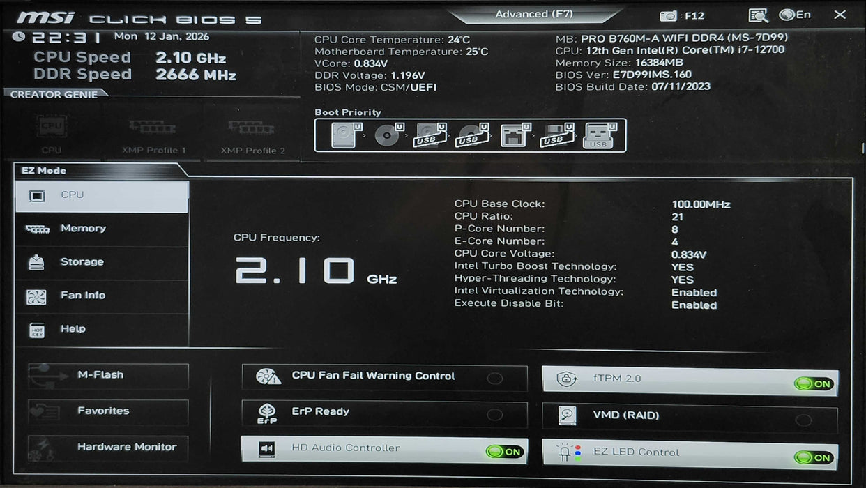 Custom PC, MSI PRO B760M-A WiFi, i7-12700, 16GB DDR4, 256GB NVMe