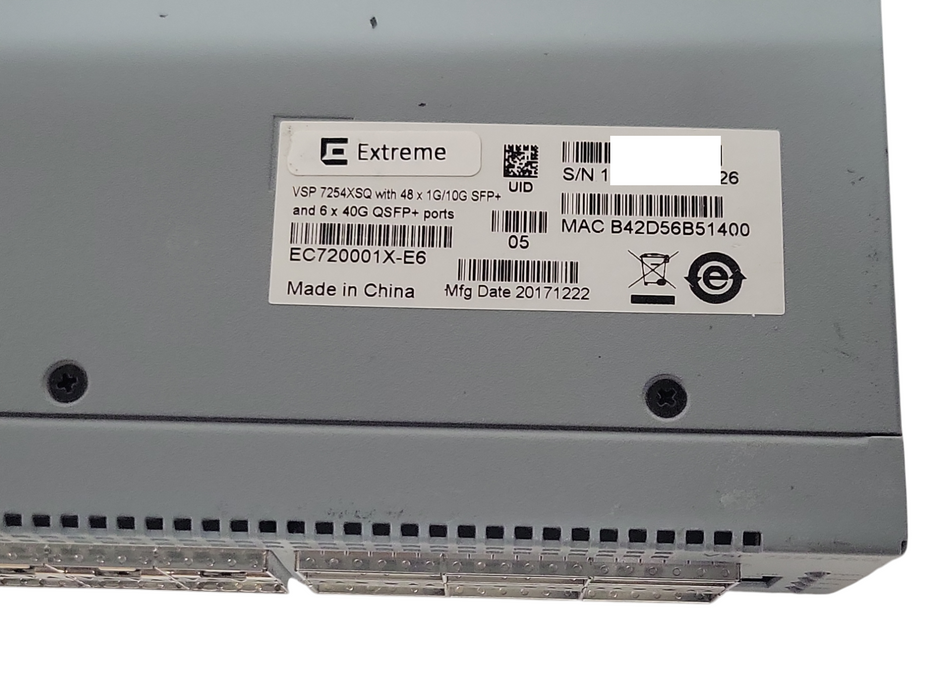 Extreme VSP 7254XSQ 48x 1G/10G SFP+ 6x40G QSFP+ Network Switch W/ 2x PSU _