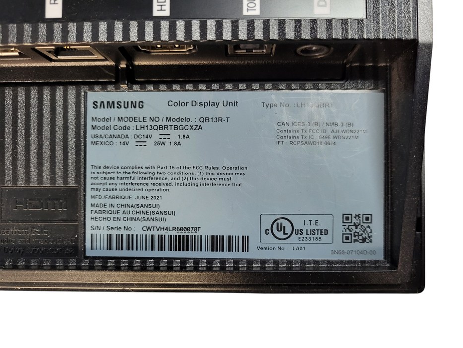 Samsung QB13R-M - 13'' Digital Signage Interactive/Touch Display No AC READ Q$