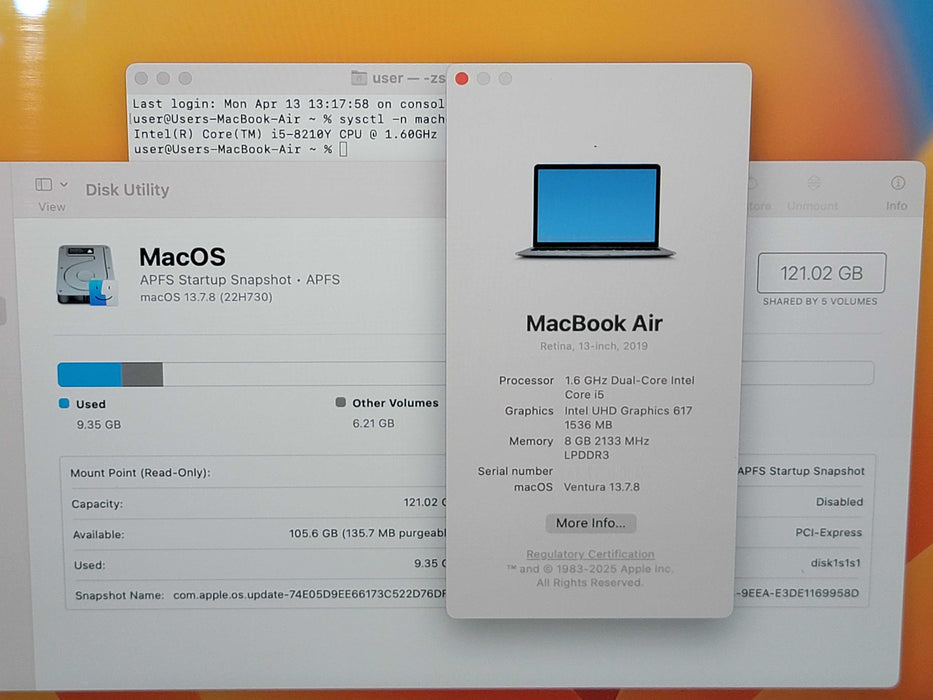 Apple Macbook Air 2019 13" 2-Core i5-8210Y @ 1.6GHz 8GB DDR3 120GB SSD (