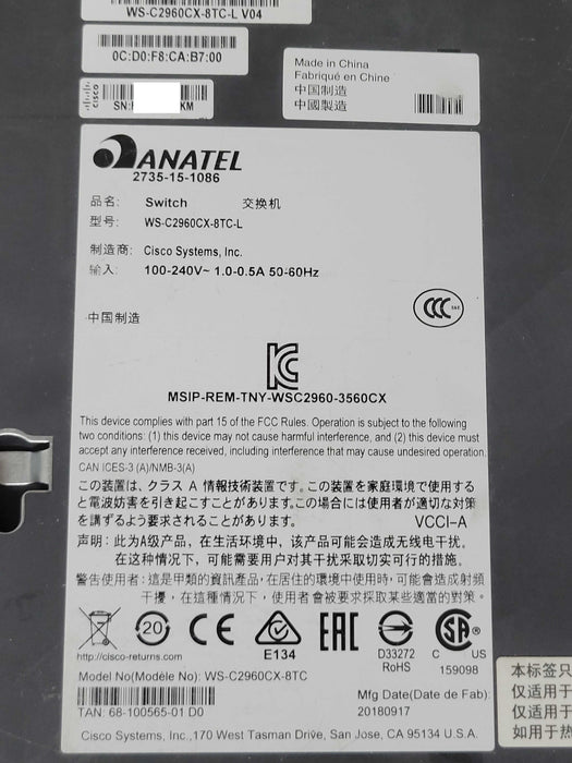 Cisco WS-C2960CX-8TC -L 12 Ports Fully Managed Ethernet Switch Q_