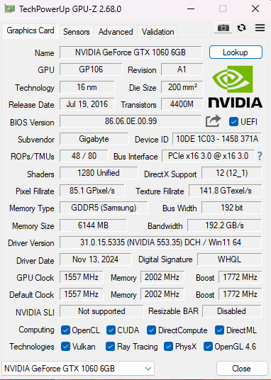 Gigabyte GeForce GTX 1060 6GB GDDR5 Graphics Card