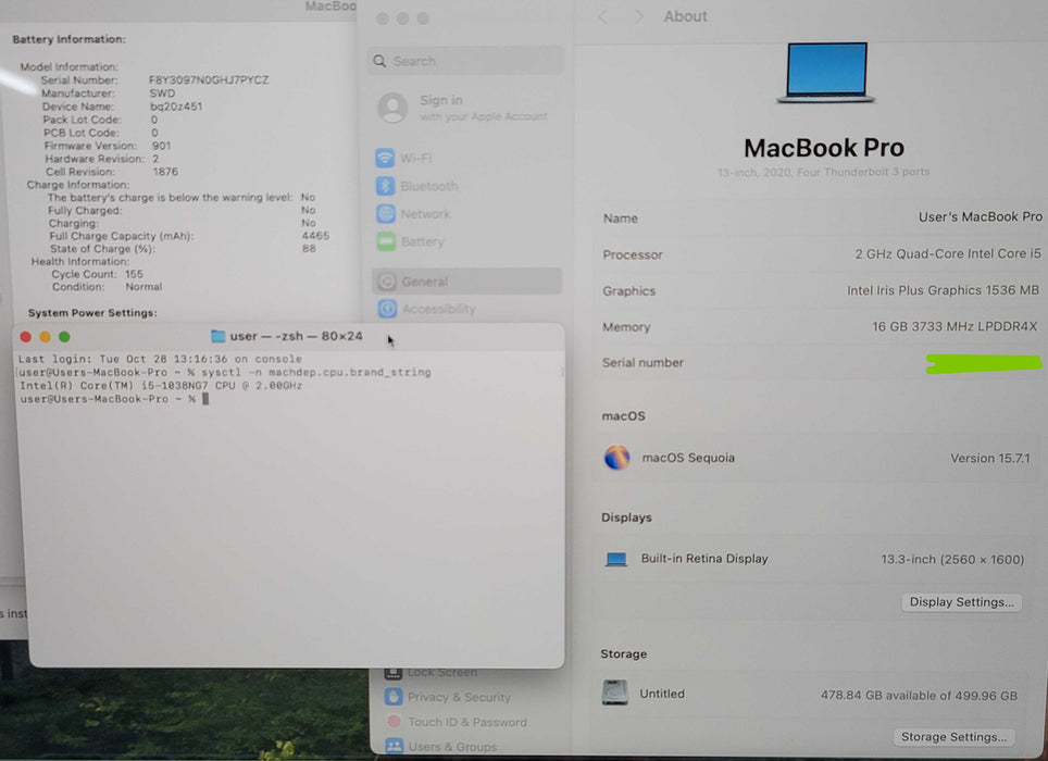 Apple MacBook Pro 13" 2020 x4 TB 3 i5- 1038NG7 16GB RAM 500GB SSD No Adapte β