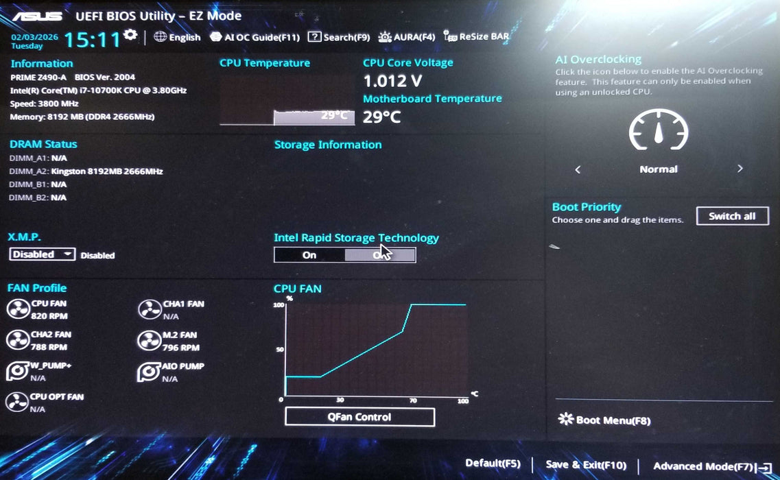 Custom Pc w/ Asus Z490-A Core i7-10700K CPU 3.80GHz 8GB RAM - No HDD