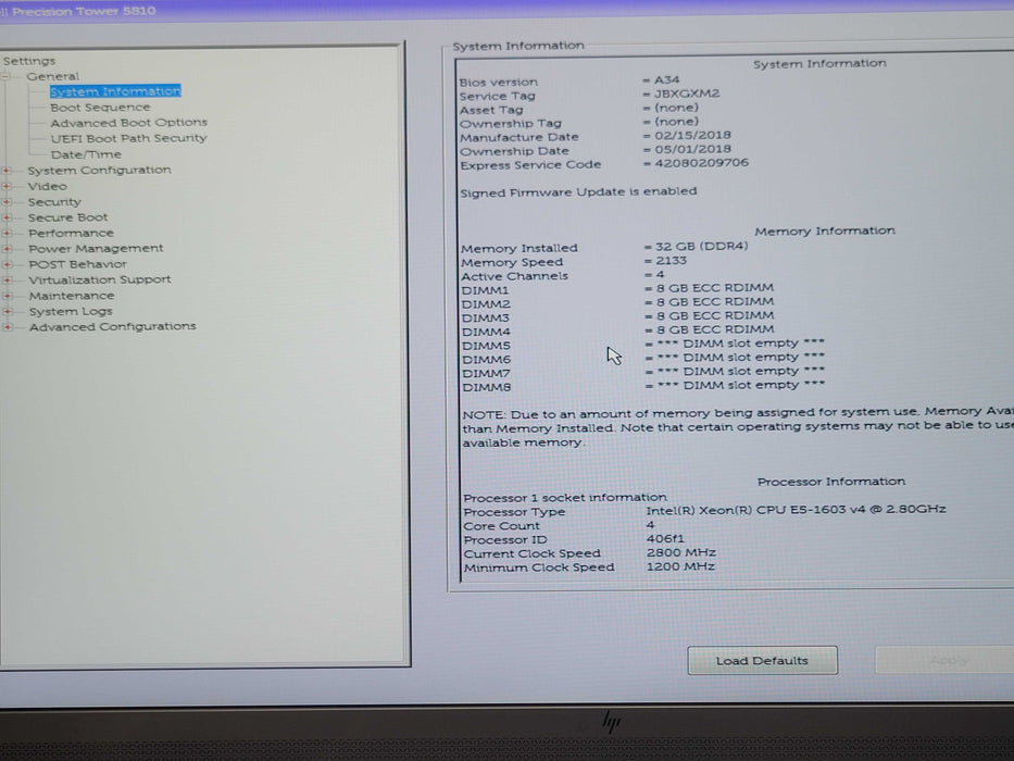Dell Precision 5810 Tower Xeon E5-1603v4 2.8GHz 32GB DDR4 No HDD/GPU _