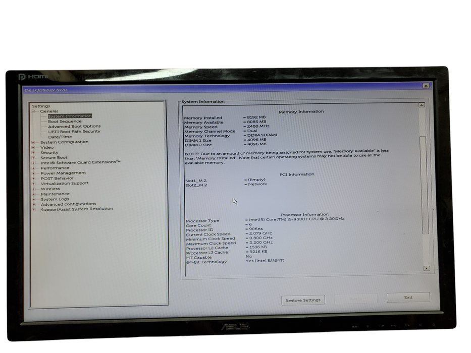 Dell OptiPlex 3070 USFF, i5-9500T, 8GB PC4 128GB SATA No OS w/ WiFi antenna Q