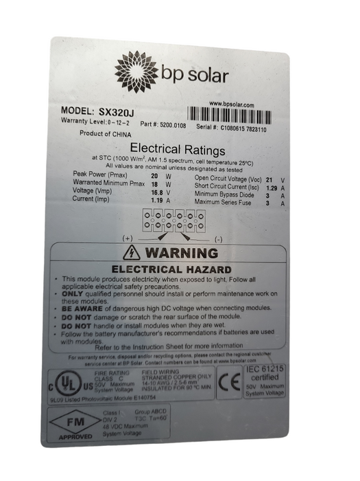 BP Solar BPSX320 Solar Panel 20W &
