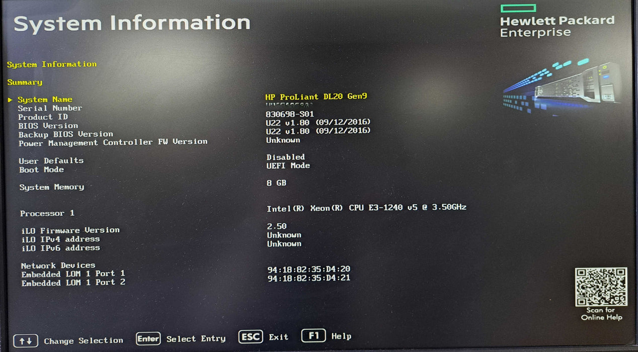 HP ProLiant DL20 Gen9 | Xeon E3-1240 v5 @3.50GHz, 8GB DDR4, B140i, 2x 3.5" )