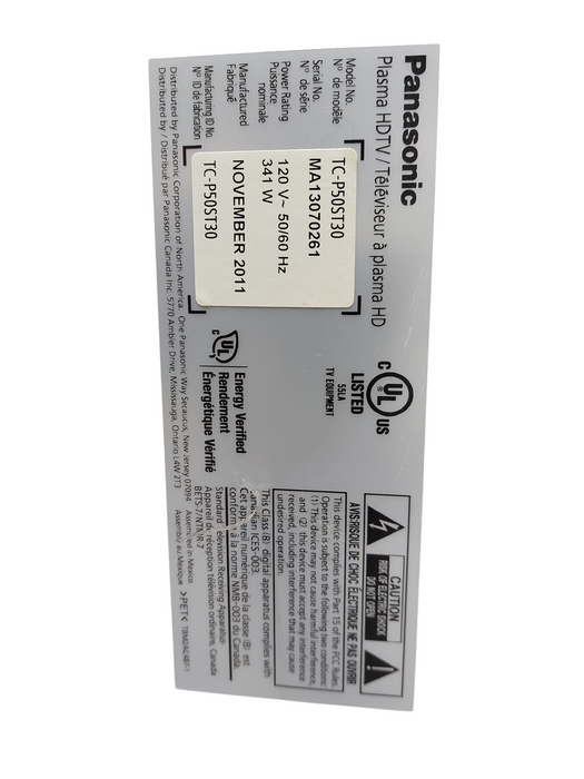 Panasonic Plasma HDTV 50" Model: TC-P50ST30 =