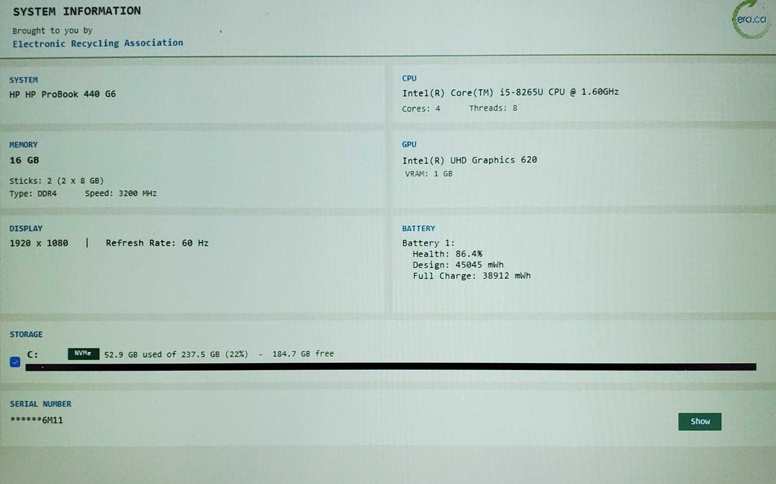 HP ProBook 440 G6 14" i5-8265U@1.60GHz 16GB 256GB NVMe READ  Lap200