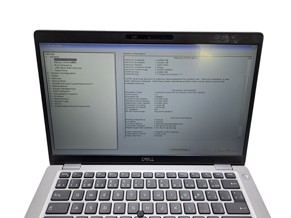 Dell Latitude 5410 | Core i5-10310U @1.70GHz, 16GB DDR4, 256GB NVMe, FR Key ) Lap200