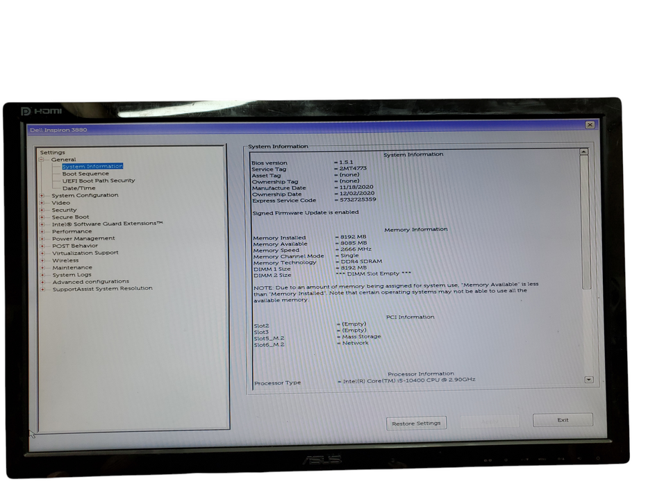 Dell Inspiron 3880 Tower, i5-10400@2.90GHz, 8GB DDR4, 256GB NVMe, No OS