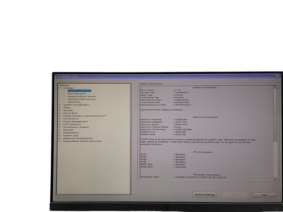 Dell OptiPlex 3070 MT i 7 - 9700 @ 3.00GHz 16GB DDR4 Ram θ