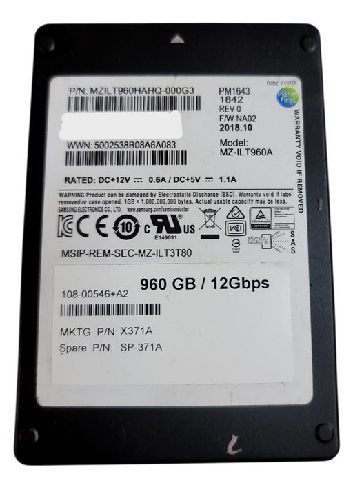 960GB SAS 2.5" 15mm 12Gb/s SAMSUNG PM1643/a SSD - X371A / MZIL T960HAHQ-000G3 Q+