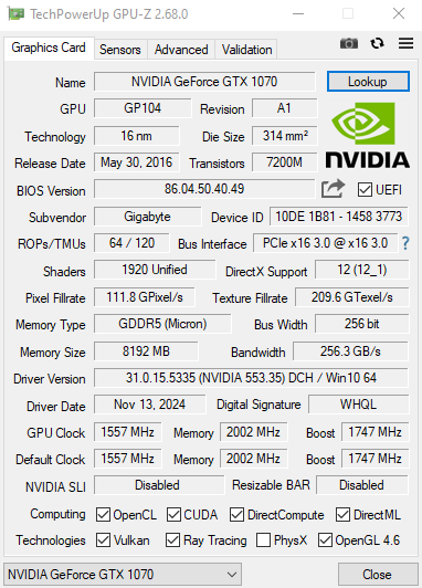 GIGABYTE Windforce OC Edition NVIDIA GeForce GTX 1070 8gb Gddr5