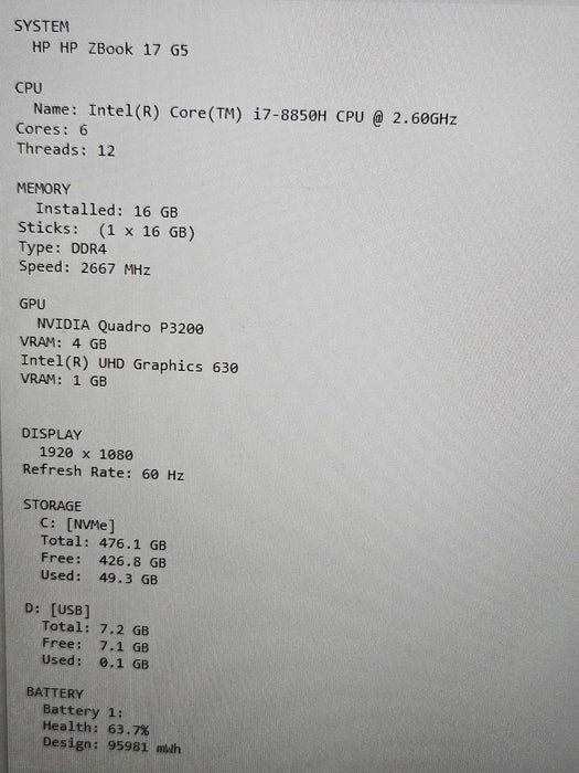 HP ZBook 17 G5  i7-8850H 16GB DDR4 Quadro P3200 512GB NVMe β Lap200