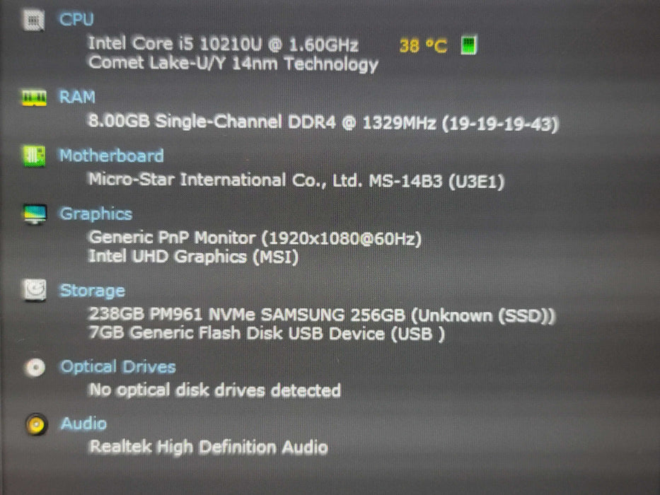 MSI Modern 14A10M i5-10210U 8GB RAM 256GB NVMe No adapter  β Lap200
