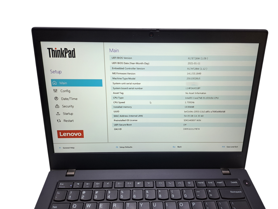 Lenovo ThinkPad L14 | Intel Core i5-10310U @1.70GHz, 16GB DDR4, 256GB NVMe ) Lap200