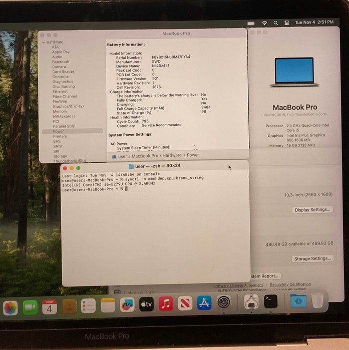 Apple MacBook Pro 13" i5-8279U 16GB 512SSD Battery Service Recommended READ