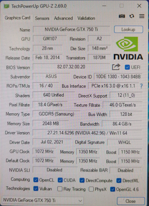 ASUS NVIDIA GeForce GTX 750 Ti 2GB GDDR5 Video Card