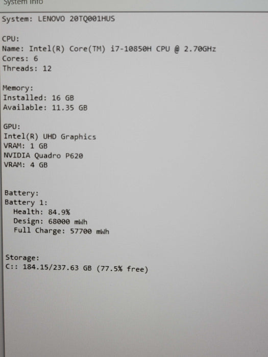 Lenovo ThinkPad P15v i7-10850H 16GB DDR4 Quadro P620 256GB NVMe  β Lap200