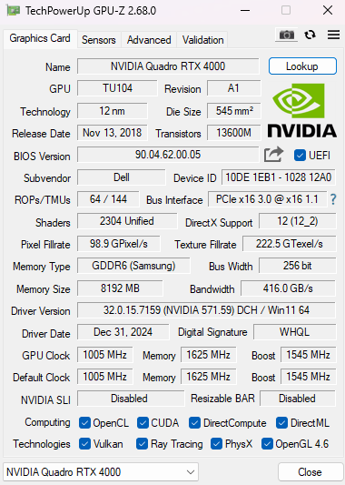 NVIDIA Quadro RTX 4000 8GB GDDR6 Graphics Card | 3x DP 1x USB-C
