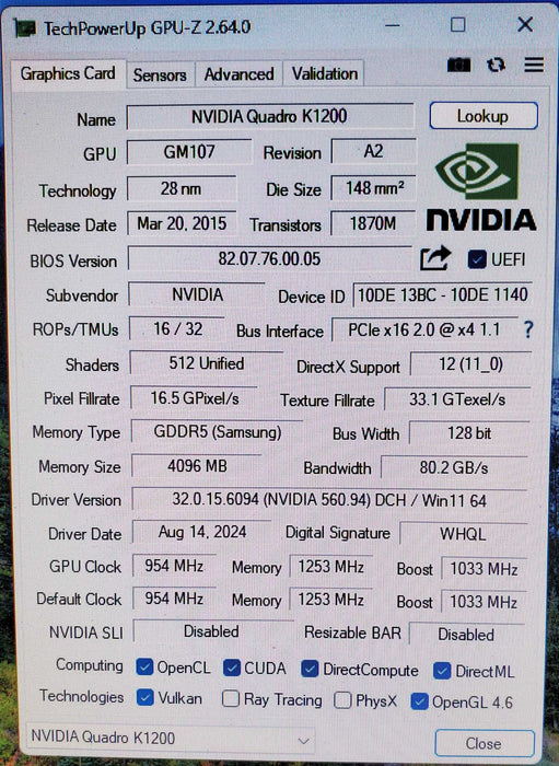 NVIDIA Quadro K1200 4GB GDDR5 Graphics Card 4xMini DP - Low Profile